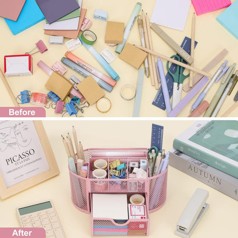 EOOUT Pink Desk Organizer, Pen Holder for Desk and Accessories, Mesh Desk Organizer with 8 Compartments and 1 Drawer for Office Home School Classr...