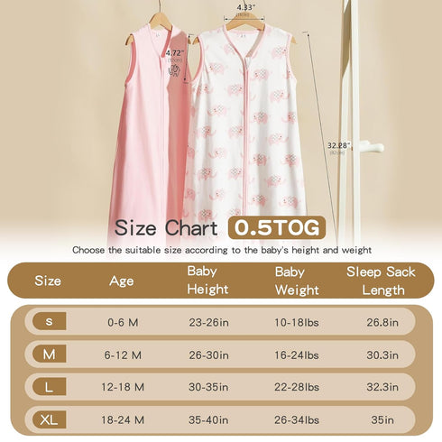 TILLYOU Sleep Sack 0-6 Months - 0.5 TOG Baby Wearable Blanket with 2-Way Zipper, Extra Soft Cotton Sleeveless Sleeping sack 2 Pack, Pink Elephant...