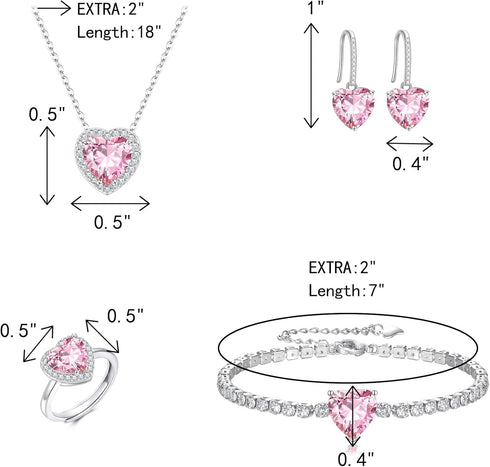 Crysdue Heart Prom Jewelry Set for Women, Silver Pink Cubic Zirconia Pendant Necklace Dangle Earrings Tennis Bracelet Open Ring for Party, Birthda...