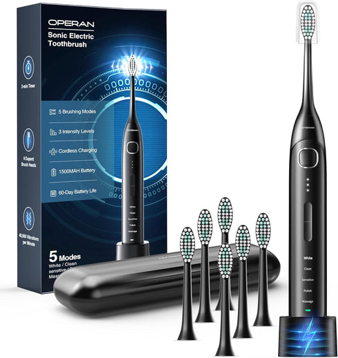 Operan Electric Toothbrush for Adults and Kids Rechargeable Sonic Toothbrush with 5 Modes 2-Min Smart Timer IPX7 Waterproof 40,000 VPM Motor with ...