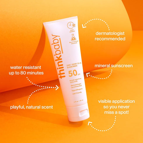 Thinkbaby SPF 50+ Baby Mineral Sunscreen – Safe, Natural Sunblock for Babies - Water Resistant Sun Cream – Broad Spectrum UVA/UVB Sun Protection –...