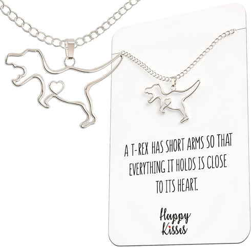 Happy Kisses Dinosaur T-Rex Necklace - Perfect T Rex Dinosaur Gift for Women and Girls – Heartfelt Trex Message Card Included...