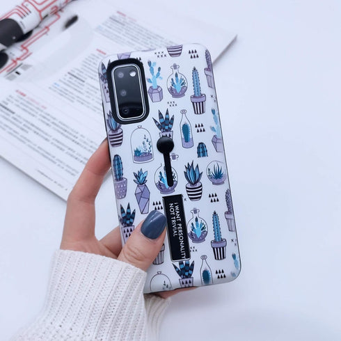 Compatible with Samsung Galaxy S20+ Plus Case Finger Grip,3D Embossed Grey Cactus White Shell Design, Rugged Shockproof Slim Fit Dual Layer Finger...