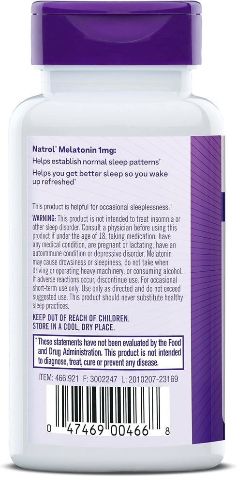 Natrol, Melatonin Tablets Helps You Fall Asleep Faster Stay Asleep Longer Faster Absorption 100 Vegetarian 1mg, 180 Count...