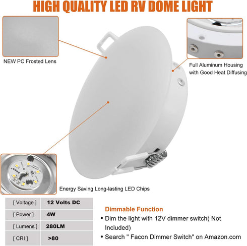 Facon 4.5inch 12V LED RV Puck Light - DLFST4-008/RVR4H-MH34, 3400K Warm White, Full Aluminum Recessed 12Volt Interior Ceiling Lights for RV, Campe...