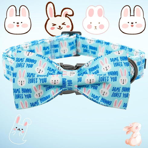 Dog Collar - Easter Day Dog Collar Bows for Dogs Bowtie Cute Bunny Print Adjustable Dog Collar Girl Pet Gift Blue Dog Collar for Medium Small Larg...
