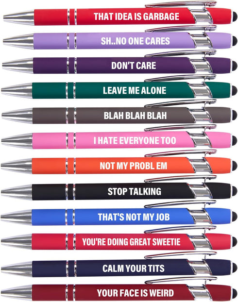 Funny Pens, 12 Pcs Pens Fine Point Smooth Writing Pens, Sarcastic Ballpoint Pens with Screens Touch Stylus Tips, Black Ink 1.0 Mm Snarky Pens, Gif...