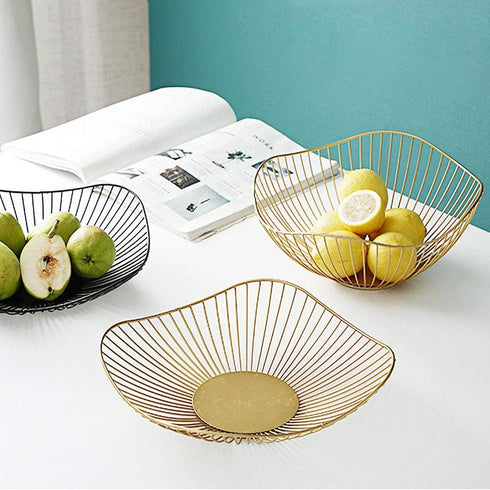 Short Curved-Edge Modern Creative Stylish Single Tier Dish,Metal Iron Wire Fruit Vegetables Bread Decorative Stand Serving Bowls Basket Holder (Bl...