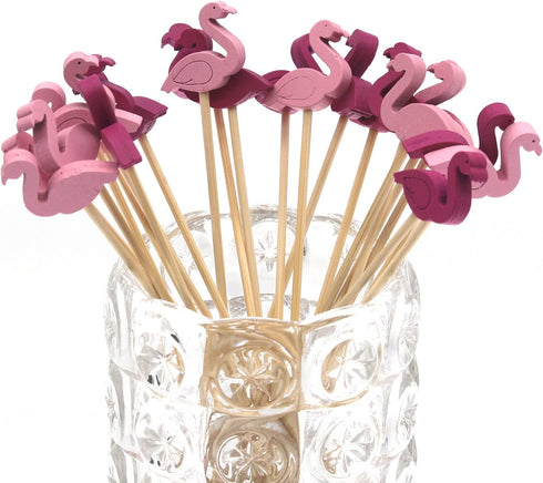 Minisland Pink Red Flamingo Cocktail Picks, 5 Inch Long Bamboo Fancy Toothpicks for Appetizers, Decorative Summer Tropical Hawaiian Party Food Dri...
