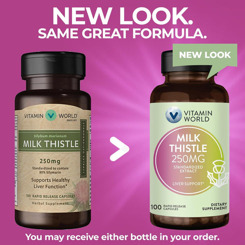 Vitamin World Milk Thistle (Silymarin) Standardized Extract 250mg 100 Capsules, St. Mary’s Thistle, Supports Liver Health, Antioxidant, Rapid-rele...