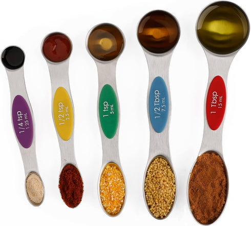 Magnetic Measuring Spoons Set of 5 Stainless Steel Dual Sided Stackable Teaspoon for Measuring Dry and Liquid Ingredients (Color)...