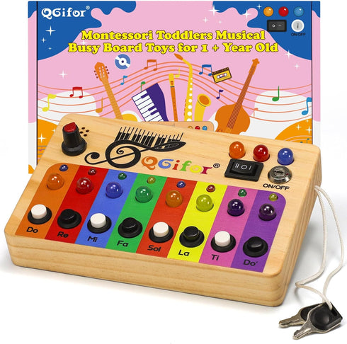 Autism Sensory Montessori Toys for 1 Year Old, Toddlers Busy Board for 1 2 3 4 Year Old, Wooden Switch Button Musical Mini Piano Key with LED Ligh...