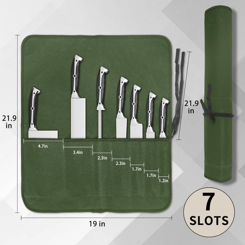 Knife Roll, Chef Knife Bag, Waxed Canvas Heavy Duty Knife Pouch with 7 Slots, Knife Bags for Chefs Professional with Knife Tip Protectors Tool Sto...