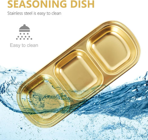 DOITOOL 2Pcs Stainless Steel Dipping Bowls,3 Compartment Appetizer Serving Tray,Soy Sauce Dish Serving Dishes Appetizer Plates for Soy Sauce, Ketc...