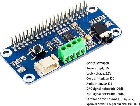 WM8960 Audio HAT Module for Raspberry Pi 4B/3B+/3B/2B/B+/A+/Zero/Zero W/Pi Zero WH,WM8960 Hi-Fi Sound Card HAT Stereo CODEC, Play/Record...