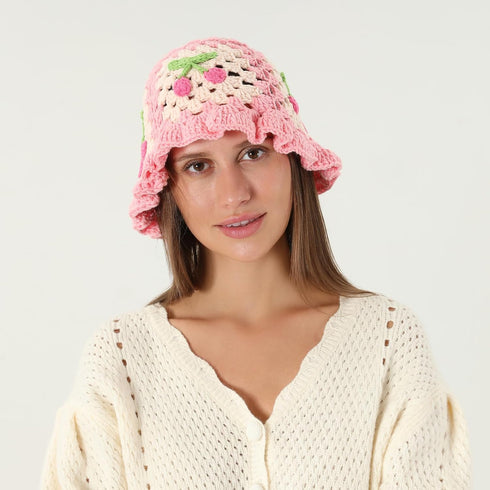 Crochet Bucket Hat for Women Handmade Floral Hat Portable Knitted Elastic Cute Beach Hat for Vacation Traveling...