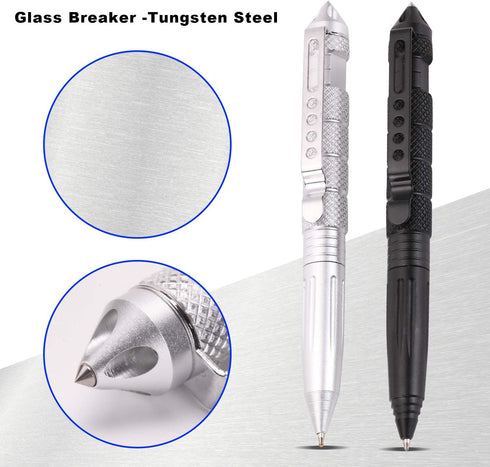 2 Pack Military Tactical Pen Set with 6 Black Ballpoint Refills for Writing, Made of Tungsten Steel & Aluminum (Black & Silver)...