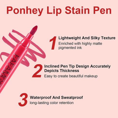 Lip Stain Pen, Velvet Matte Lip Marker, Hydrating and Waterproof Formula, Smooth Longlasting Natural Lipstick Pen Quick Drying Lip Color, 2-in-1 L...