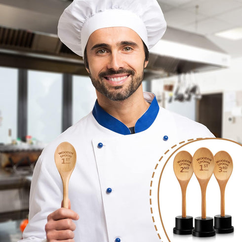 3 Pieces Golden Spoon Award Trophies Set Chili Cook Off Wood Spoon Prizes Wooden Laser Engraved Wooden Spoon with Wooden Trophy Base Cooking Bakin...