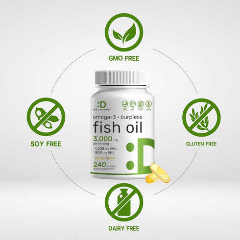 DEAL SUPPLEMENT Omega 3 Fish Oil Supplements, 3,000mg Per Serving, 240 Softgels – EPA 1,200mg + DHA 900mg – Burpless Pills, Lemon Flavored, Wild C...