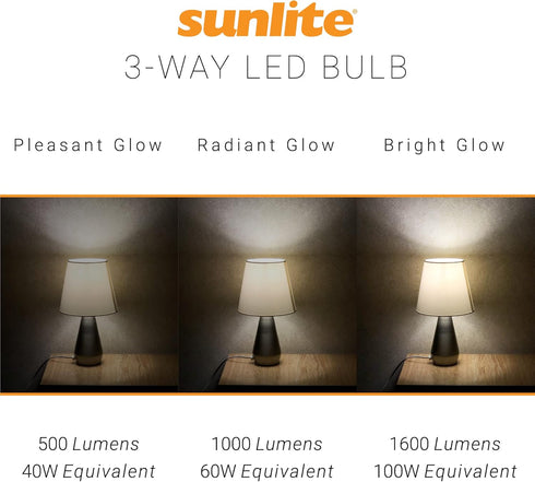 Sunlite 70324 3-Way LED A19 Light Bulb, 5/9/15 Watts (40W 60W 100W Equivalent), 500-1000-1600 Lumens, Medium E26 Base, Omni-Directional, ETL Liste...