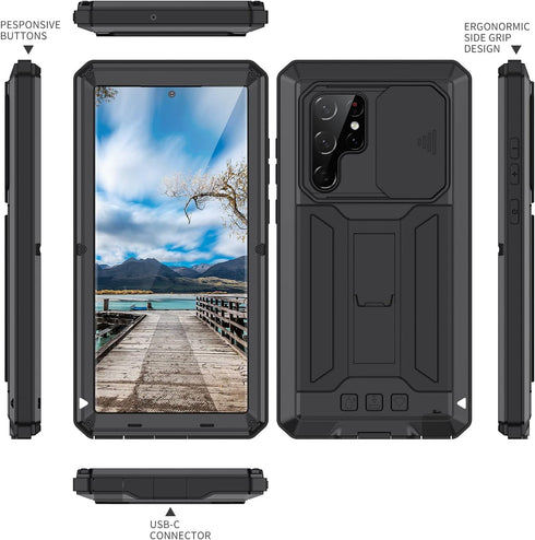 for Samsung Galaxy S22 Ultra 5G Case, Aluminum Metal Gorilla Glass Waterproof Shockproof Military Heavy Duty Sturdy Protector Cover Hard Case for ...
