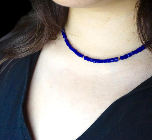 Blue Cubic Zirconia Beaded Choker Necklace for Women Royal Blue Cubic Necklace 4mm Faceted Bead Necklace 17in+2in Extension Chain...