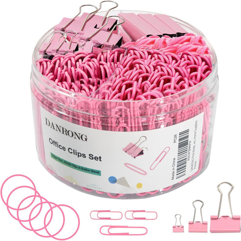 Pink Binder Clips Paper Clips,380 PCS Assorted Sizes Paperclips Paper Clamps Rubber Bands for Files, Papers, Home Supplies (Pink)...