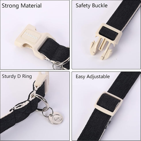 DOGWONG Cotton Hemp Dog Collar, Heavy-Duty Black Dog Collar Adjustable Soft Natural Fabric Pet Dog Collar Cute Wedding Puppy Necklace for Small Me...