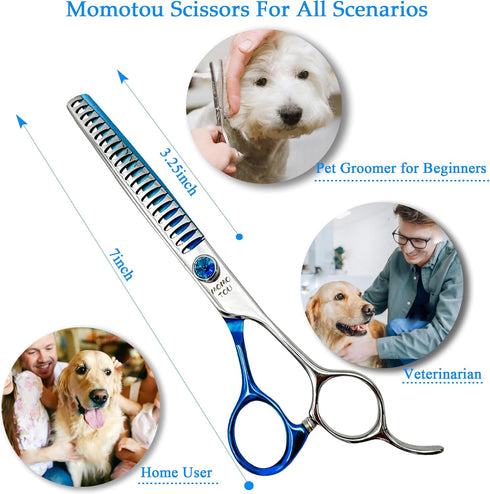 Blue & Silver Chunker Dog Grooming Scissors with Decorative Imitation Diamond Sharp and Durable 7.0'' 9CR Stainless Steel Pet Cat Trimming Shears ...