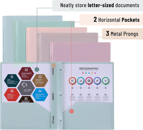 Mr. Pen- Plastic Folders with Pockets and Prong, 5 Pack, Muted Pastel Colors, Pocket Folders, File Fasteners, 2 Folder, Two...
