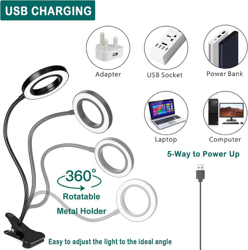 Foneso Desk Lamp Clip on Light with Adapter, 48 LED Reading Lamp with USB Charging Port, 3 Color Mode 10 Brightness Levels, Flexible Gooseneck, Me...