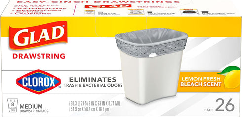 Glad Trash Bags, Medium Drawstring Garbage Bags with Clorox, 8 Gallon, Lemon Fresh Bleach Scent, 26 Count...