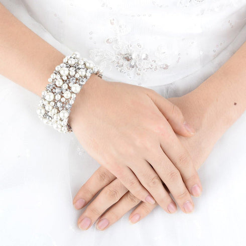 EVER FAITH Women's Wedding Jewelry Austrian Crystal Cream Simulated Pearl Bridal Cuff Bracelet Clear Silver-Tone...