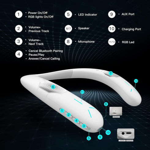 Neck Speaker, Wearable Bluetooth Speaker with Dynamic GRB & AUX Cable, True 3D Stero Sound Around The Waterproof Neckband Speaker, Built in MIC, P...