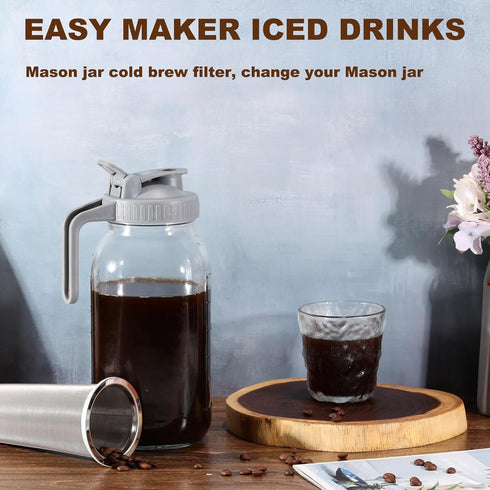 Cold Brew Coffee Filter for 64 OZ Wide Mouth Mason Jar, 304 Stainless Steel Strainer with Seal Ring for Iced Drinks, Sun Tea Infuser and Cold Brew...