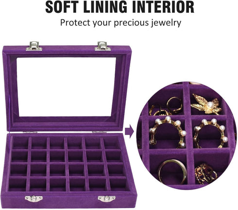 Velvet Jewelry Box 24 Grid Jewelry Ring Display Organiser Box Tray Holder Earrings Storage Case for Girls Wife Mom Women (Purple)...