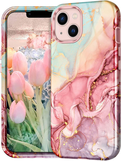 CASEFIV Compatible with iPhone 13 Case, Marble Pattern 3 in 1 Heavy Duty Shockproof Full Body Rugged Hard PC+Soft Silicone Drop Protective Girls W...