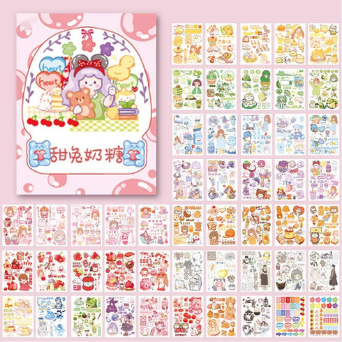 Kawaii Washi Stickers Set (50 Sheets) Cute Girl Pets Sweet Food Drink Adhesive Label Decorative Sticker for Scrapbooking Journaling Journal Planne...