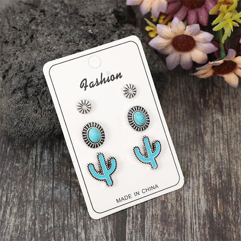 3Pcs Western Turquoise Stud Earrings Set Natural Turquoise Bohemian Cactus Pumpkin Flower Lightning Earrings Vintage Jewelry Gifts for Women Girls...