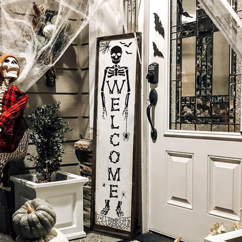 Skeleton Welcome Stencils with Spider Webs - Skeleton Stencil Templates for a Vertical Sign - Halloween Stencils for Painting on Wood, Canvas - Re...