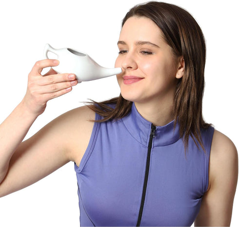 Ceramic Neti Pot Premium Handcrafted, Nose Cleaner for Sinus Dishwasher Safe with 2 Silicone Nozzle Tip, 225 Ml Capacity - White Color...