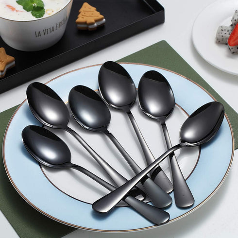 Kyraton 6-Piece 8" Stainless Steel Table Spoon Set, Titanium Black Plating, Gold Soup & Dessert Spoons, Dishwasher Safe...