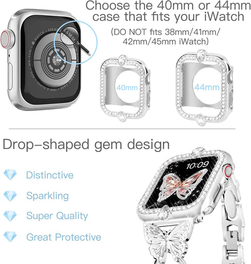 wipalor Compatible with Apple Watch Band 44mm+Gemstones Case, Lightweight for Women, Easy Adjustable Bracelet, Shiny Diamond on Butterfly, Jewelry...