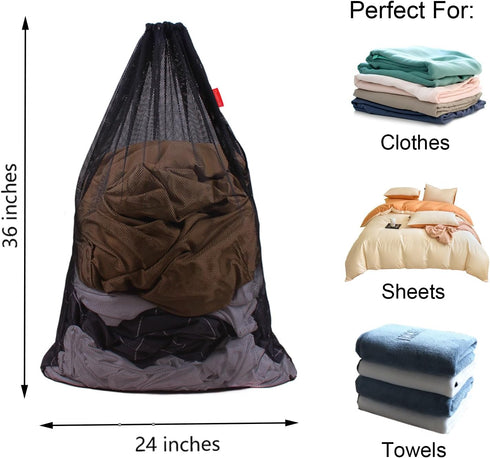 Mesh Laundry Bag Heavy Duty Drawstring Bag, Factories, College, Dorm, Travel and Apartment Dwellers, 24 x 36 Inches, 2 Pack, Black...