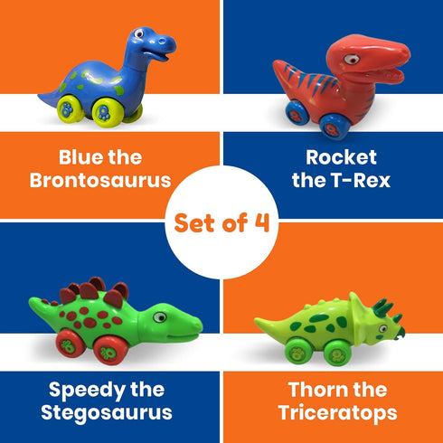 3 Bees and Me Dinosaur Car Toys for Toddlers | Dinosaurs with Wheels 4-in-1 Pack, Fun Party Toy, Play Set for Kids | Birthday Gift for Boys and Gi...