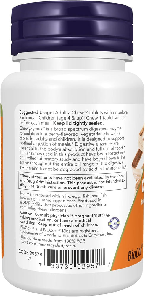 NOW Supplements, ChewyZymes, Broad Spectrum Chewable Enzymes, Berry Flavor, 90 Chewables...