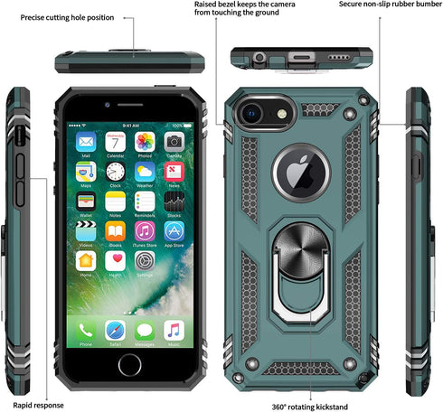 LeYi Compatible for iPhone 8, 7, 6s, 6 Case with 2 Pack Tempered Glass Screen Protector, Military-Grade Phone Case with Ring Kickstand for iPhone ...