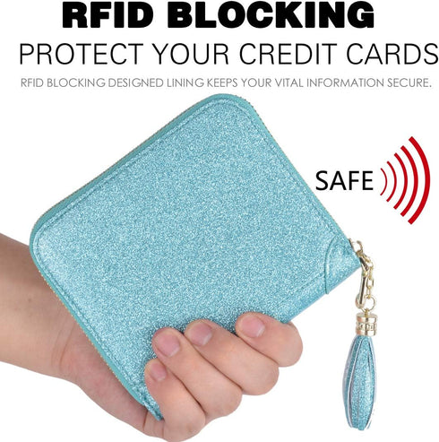 Easyoulife Womens Credit Card Holder Wallet Zip Leather Card Case RFID Blocking (Glitter Teal)...