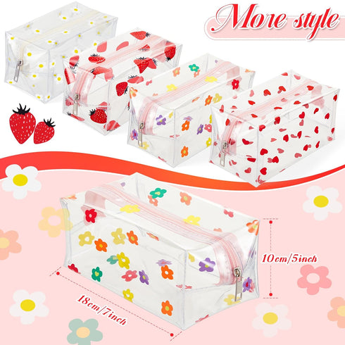 Henoyso 4 Pcs Clear Small Makeup Bag with Zipper Cute Flower Daisy Heart Strawberry Cosmetic Bags Transparent Makeup Pouch Cartoon Pencil Case Wat...